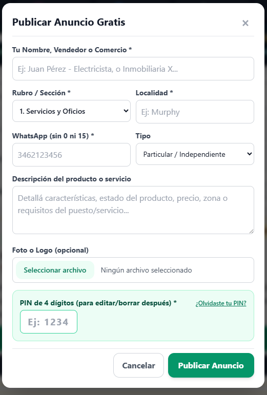 Formulario para publicar anuncio gratis